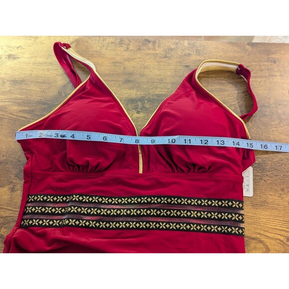 Red One-Piece Swimsuit – Size M – Metallic Gold Piping & Sheer Floral Waist Band - Picture 4 of 10